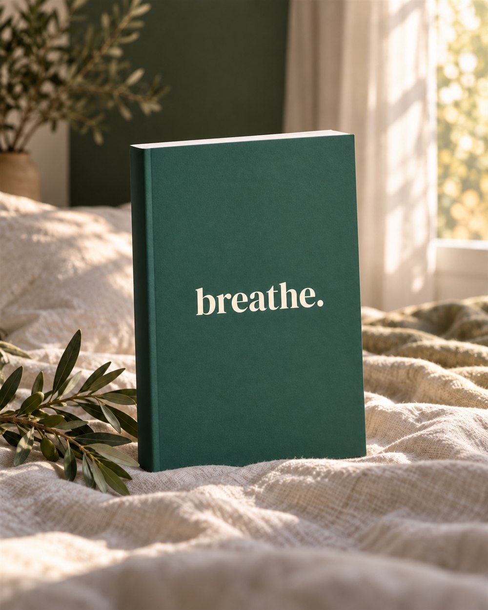 Breathe devotional book styled with linen and olive greenery